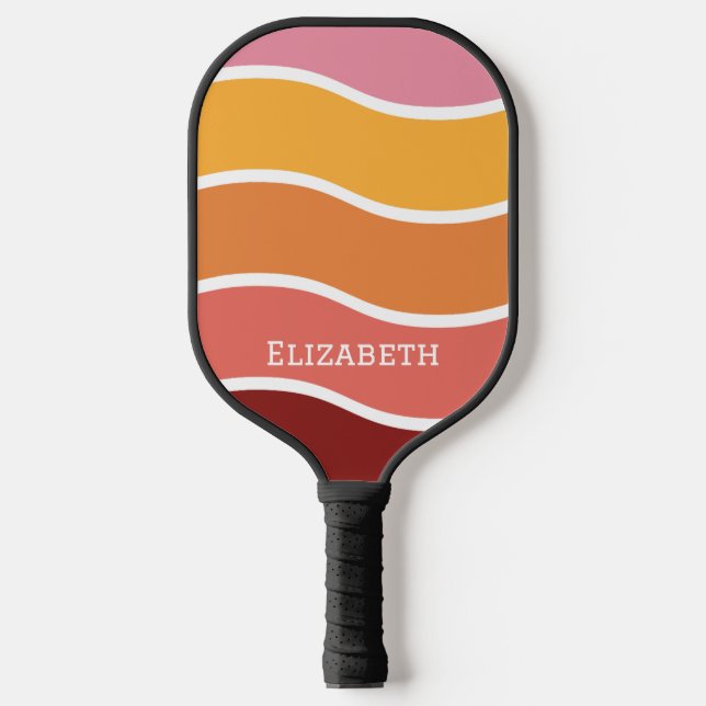 Retro Wavy Sunset with Name Carbon Fiber Pickleball Paddle (Front)