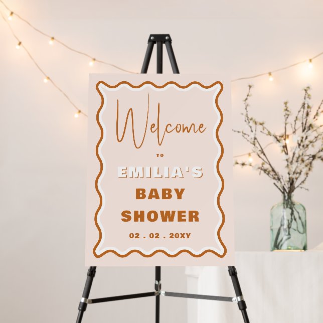 Retro Wavy Terracotta Baby Shower Welcome Sign (In Situ (Stand))