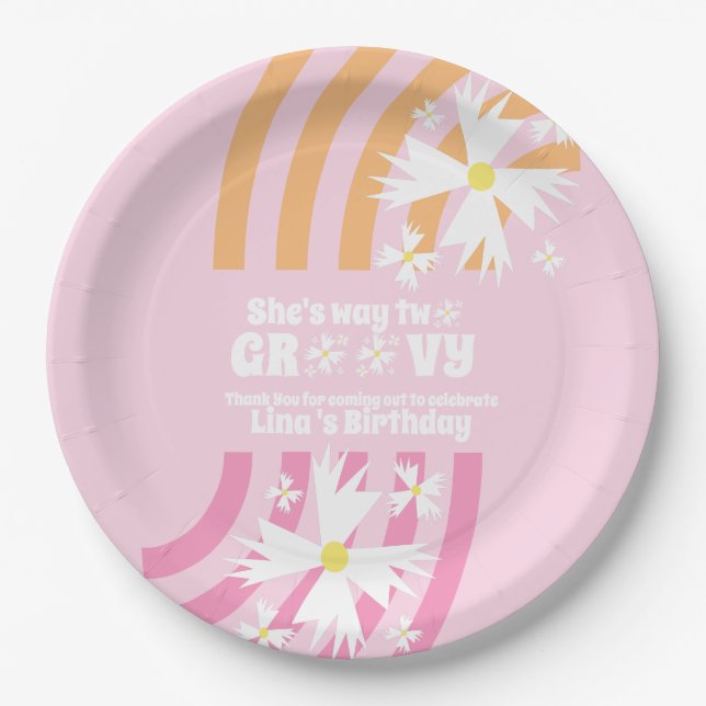 Retro Way Two Groovy Daisy Flower Birthday   Paper Plates (Front)