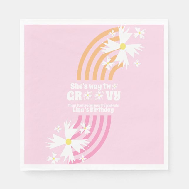 Retro Way Two Groovy Daisy Flower Birthday  Pink Napkins (Front)