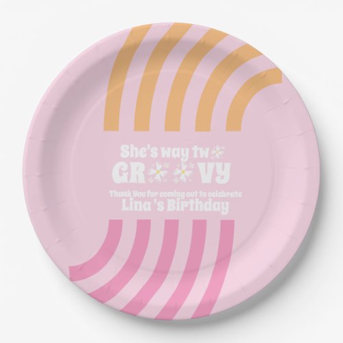 Retro Way Two Groovy Daisy Flower Birthday  Pink Paper Plates