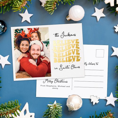 Retro we believe in Santa Christmas family photo Foil Holiday Postcard