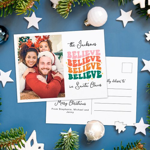 Retro we believe in Santa Christmas family photo Holiday Postcard