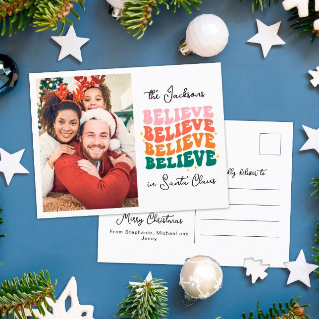 Retro we believe in Santa Christmas family photo Holiday Postcard (Creator Uploaded)