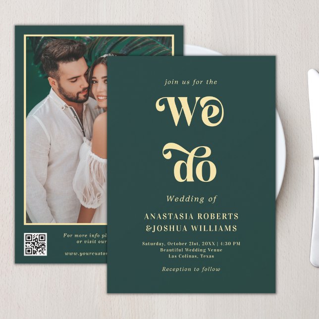 Retro We Do Emerald Green & Gold QR Code Wedding Invitation (Creator Uploaded)