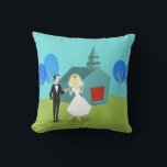 Retro Wedding Couple Outdoor Pillow<br><div class="desc">This Retro Wedding Couple Outdoor Pillow will have you hearing wedding bells. The 1960's style, minimalist art design features a bride and groom on their wedding day. The happy couple looks good enough to be standing atop a wedding cake. But they aren't. They're standing on lush, green grass. The debonair...</div>