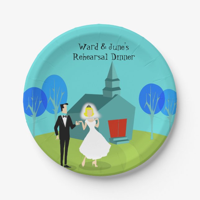 Retro Wedding Couple Rehearsal Dinner Paper Plates (Front)