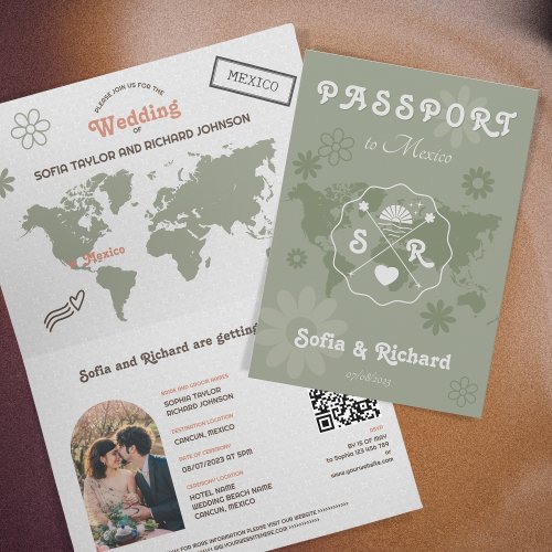 Retro Wedding Destination Passport Map QR Code Invitation