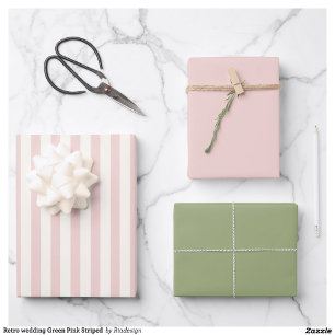 Retro wedding Green Pink Striped  Wrapping Paper Sheets