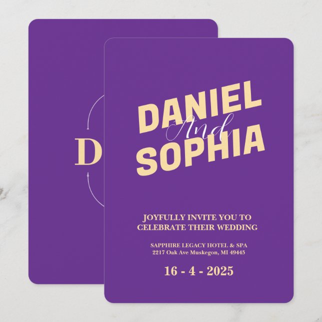 Retro wedding invitation card purple (Front/Back)