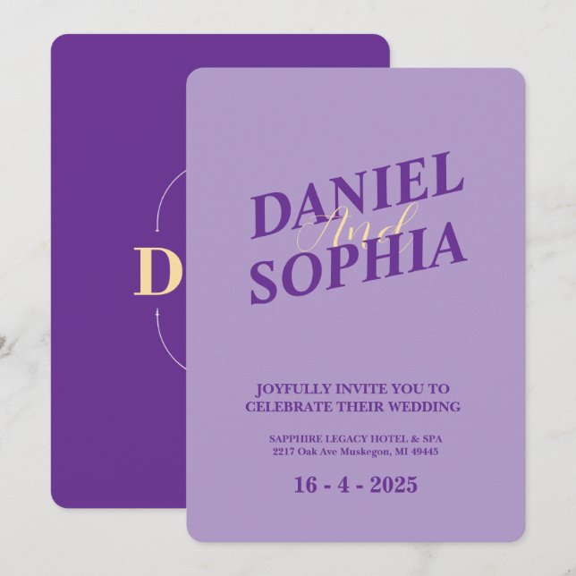 Retro wedding invitation card purple (Front/Back)