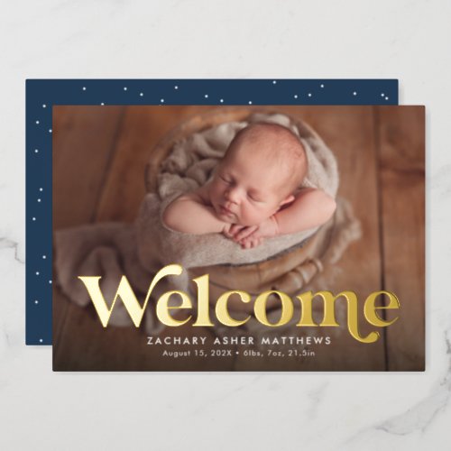 Retro welcome navy gold photo birth announcement
