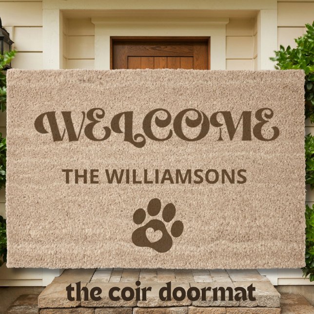 Retro Welcome Pet Paws Family Name Coir  Fiber Doormat (Creator Uploaded)