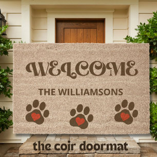 Retro Welcome Pet Paws Family Name Coir  Fiber Doormat