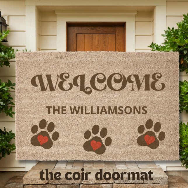 Retro Welcome Pet Paws Family Name Coir  Fiber Doormat (Creator Uploaded)