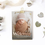 Retro welcome rose gold photo birth announcement<br><div class="desc">A bold retro-style "welcome" in foil against a single vertical photo makes a sweet and stylish way to introduce your new baby. With room for name and stats on the front with the photo, the back of this birth announcement is a sweet dotted dusty pink (color can be changed by...</div>