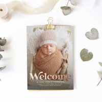 Retro welcome rose gold photo birth announcement