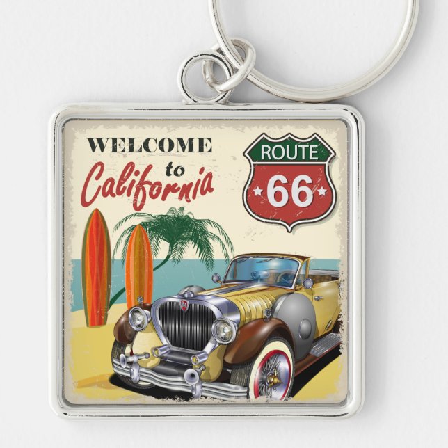Retro "Welcome to California" Route 66 poster, Keychain (Front)