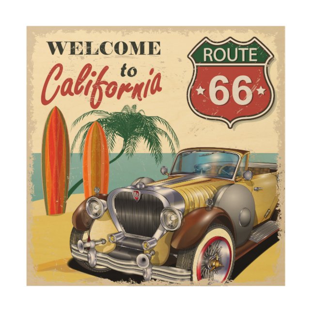 Retro "Welcome to California" Route 66 poster, Wood Wall Art (Front)