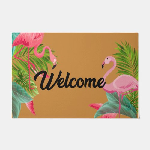 Retro Welcome Tropical Flamingos Doormat