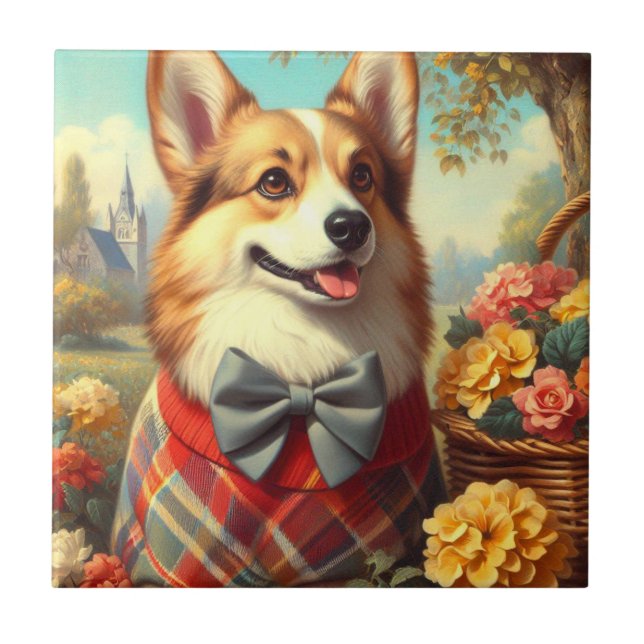 Retro Welsh Corgi Cardigan Painting Ceramic Tile (Front)