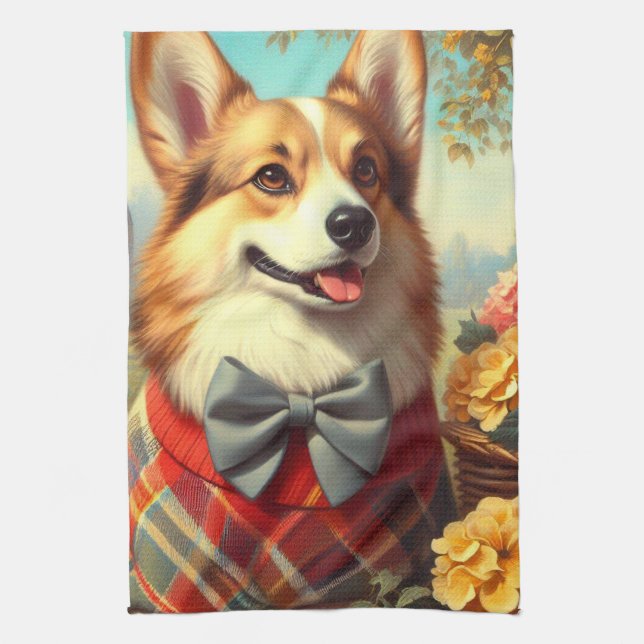 Retro Welsh Corgi Cardigan Painting Kitchen Towel (Vertical)
