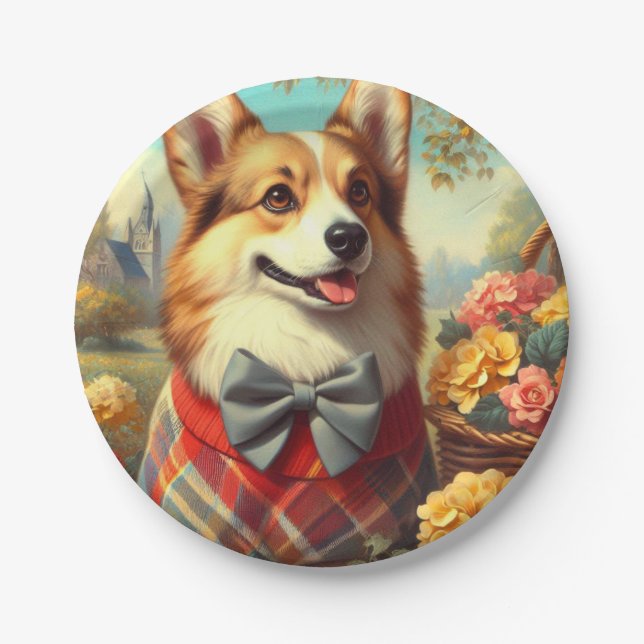 Retro Welsh Corgi Cardigan Painting Paper Plates (Front)