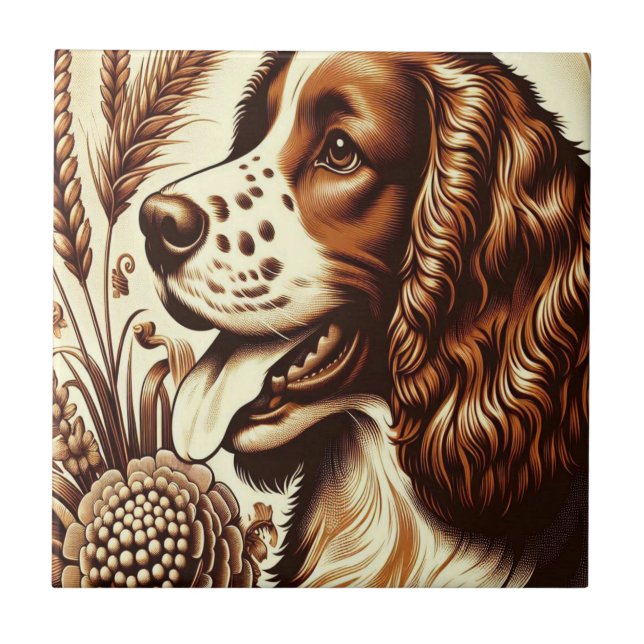 Retro Welsh Springer Spaniel Brown White Art Ceramic Tile (Front)