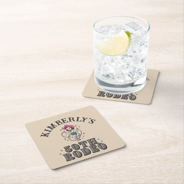 Retro Western 50th Rodeo Birthday Square Paper Coaster (Insitu)