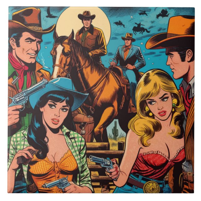 Retro Western Comics Illustration Ceramic Tile (Front)