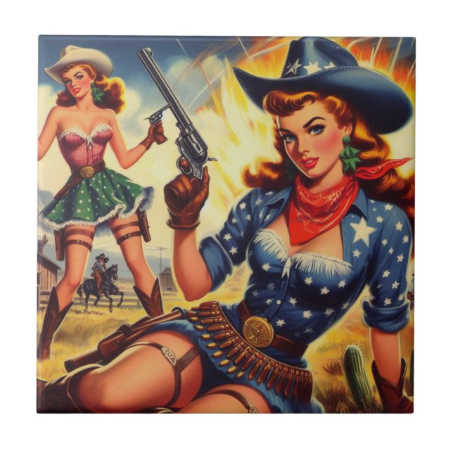 Retro Western Country Girls Ceramic Tile (Front)