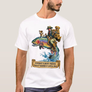 Retro Western Cowboy and Dogs Trout Fishing Gift T-Shirt