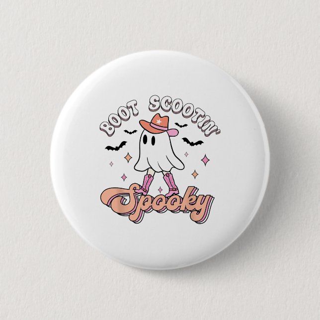 Retro Western Halloween Cute Ghost Funny Boot Scoo Button (Front)