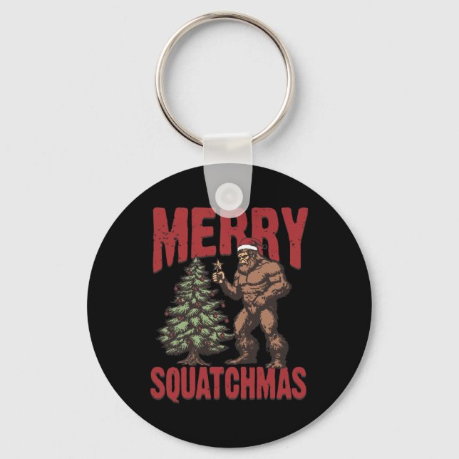 Retro Western Merry Squatchmas Funny Bigfoot Santa Keychain (Front)