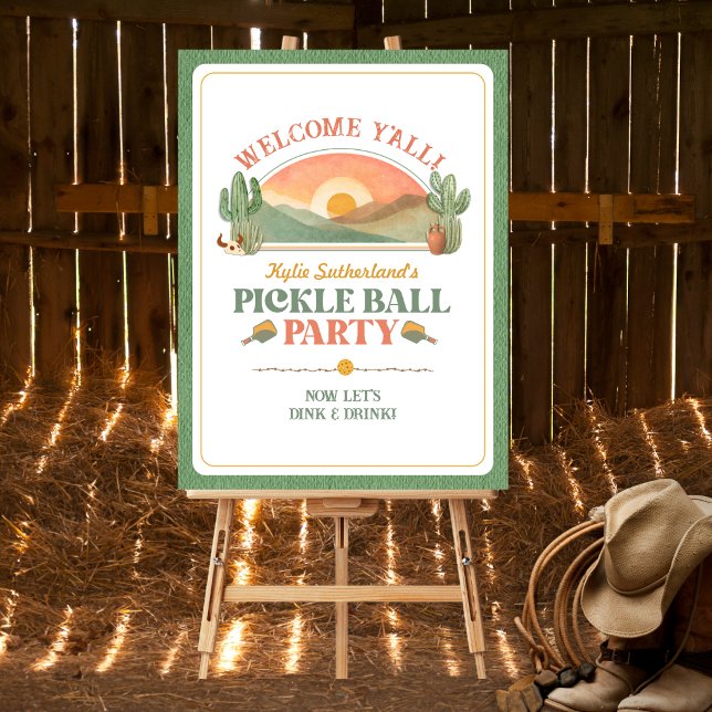 Retro Western Pickleball Welcome Party Sign (Welcome guests to your western theme pickleball party with this fun sign)