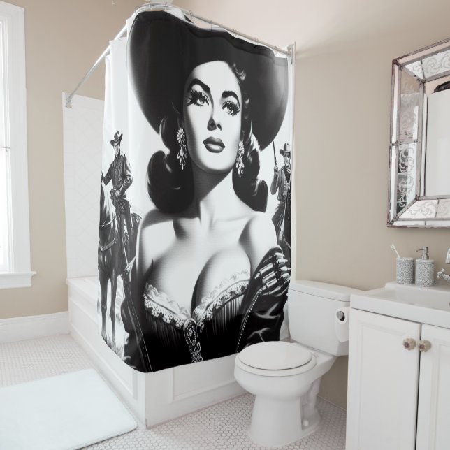 Retro Western Pin-up Shower Curtain (In Situ)