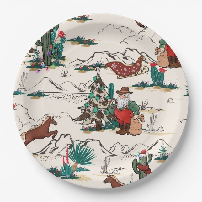 Retro Western Santa Christmas paper plates (Front)