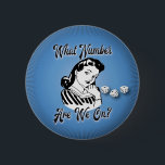 Retro "What Number Are We On" Bunco Pinback Button<br><div class="desc">Funny bunco button is sure to make a fun bunco prize. Design features a retro vintage style woman pondering "What number are we on?" Design also includes three lucky white bunco dice. Keep on rolling!</div>