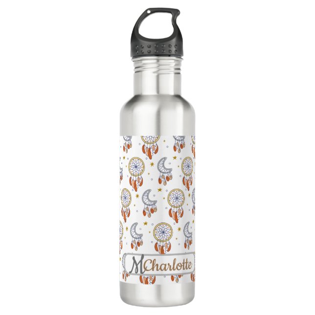 Retro Whimsical Boho Pattern Monogram Name Stainless Steel Water Bottle (Front)