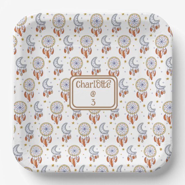 Retro Whimsical Boho Pattern Name Birthday Paper Plates (Front)