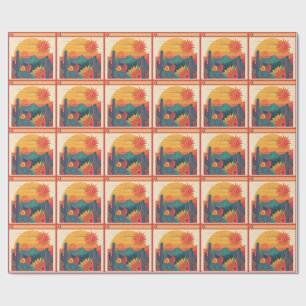 Retro Whimsical Boho Style Sunset Landscape Wrapping Paper