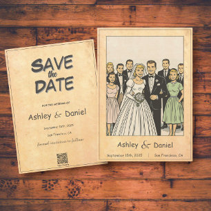 Retro Whimsical Bride and Groom Comic Book Wedding Save The Date