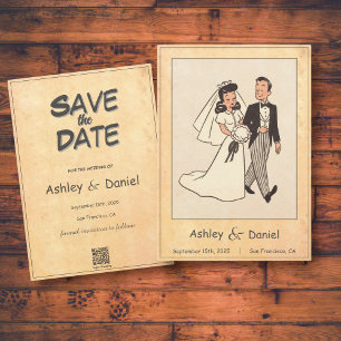 Retro Whimsical Bride and Groom Comic Book Wedding Save The Date