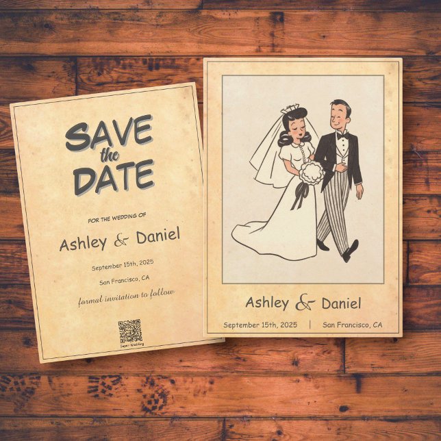 Retro Whimsical Bride and Groom Comic Book Wedding Save The Date (Creator Uploaded)