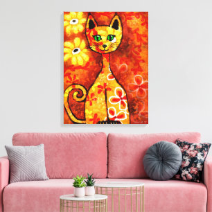 Retro Whimsical Cat Kitty Floral Yellow Red Orange Canvas Print