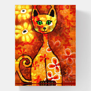 Retro Whimsical Cat Kitty Floral Yellow Red Orange Paperweight