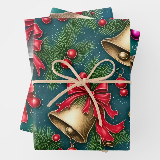 Retro Whimsical Christmas Bells Wrapping Paper Sheets (In situ)