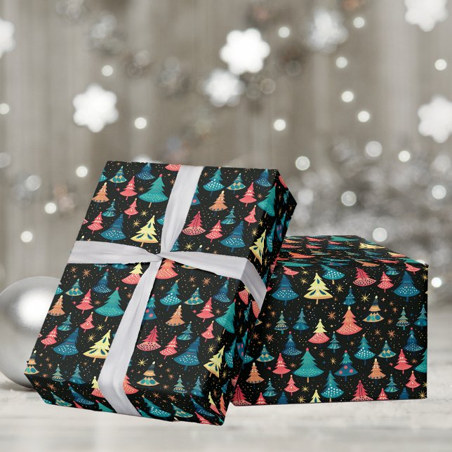 Retro Whimsical + Colorful Christmas Trees Wrapping Paper (Creator Uploaded)