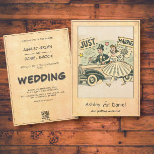 Retro Whimsical Couple Just Married Comic Wedding Invitation