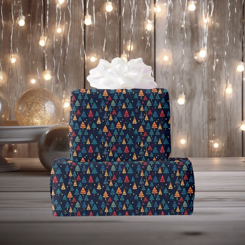 Retro Whimsical  Dark Christmas Trees Wrapping Paper